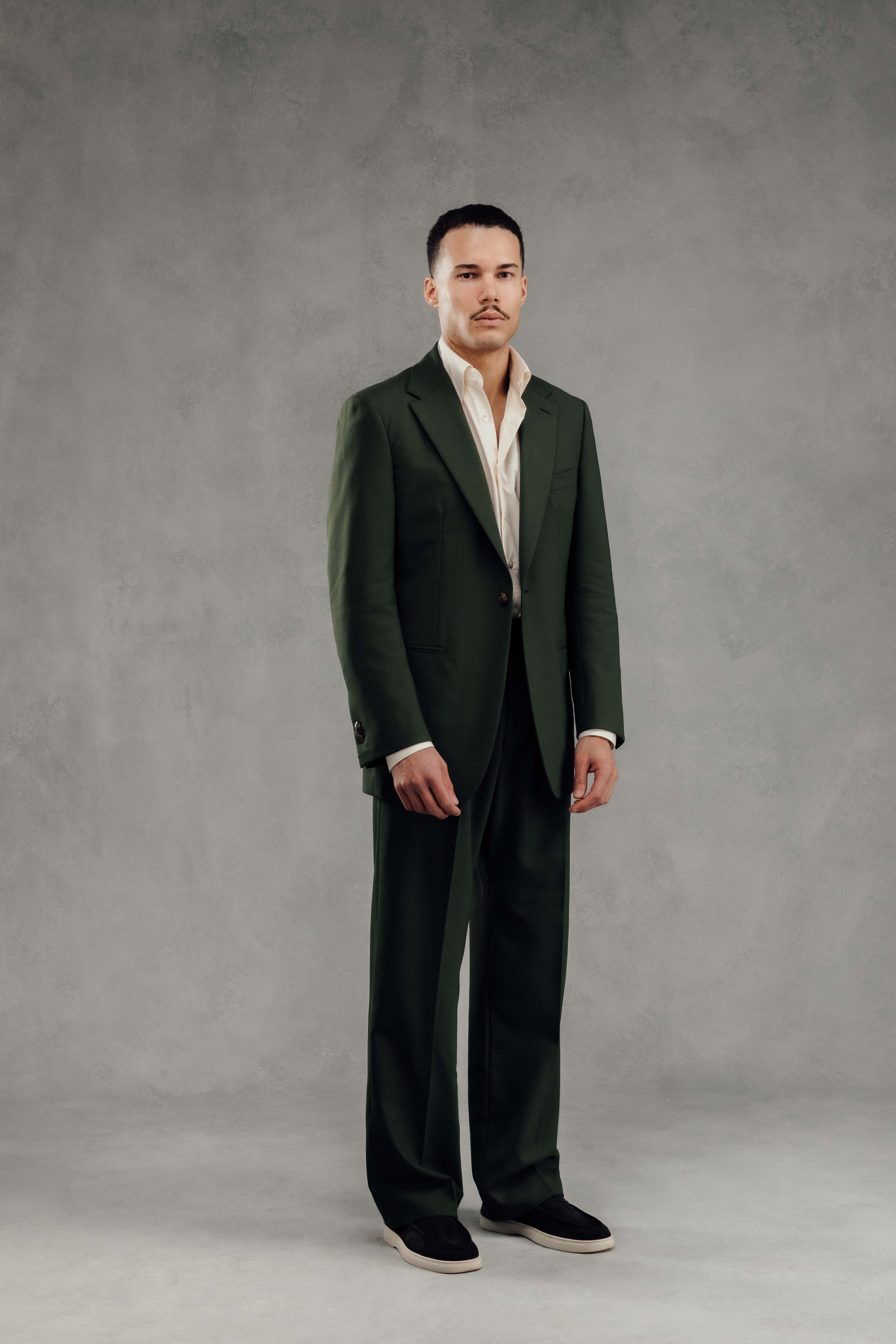 Pine Green Fresco Suit, Off White Shirt