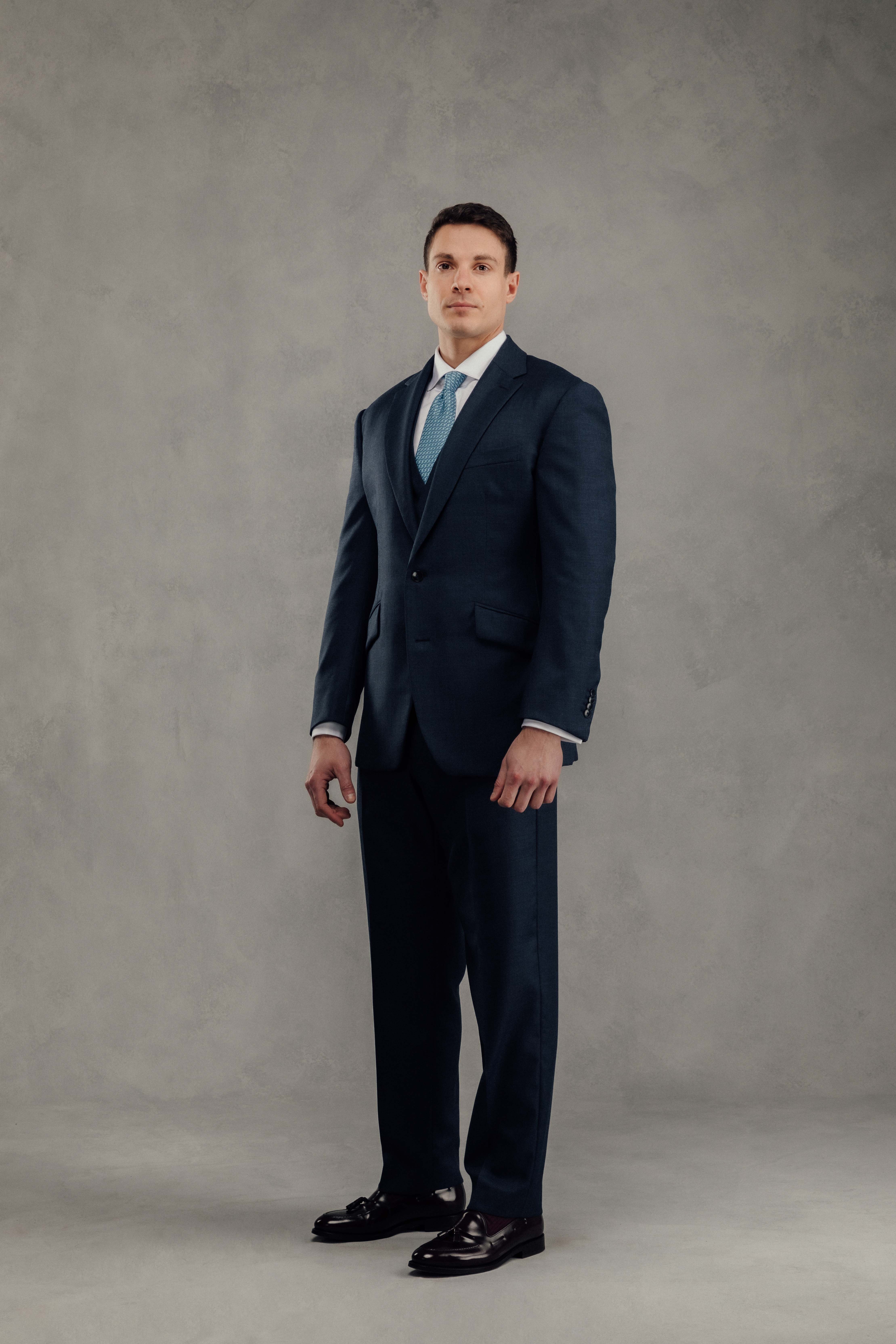 3 Piece Suit in a Petrol Blue Birdseye with a Classic White Shirt