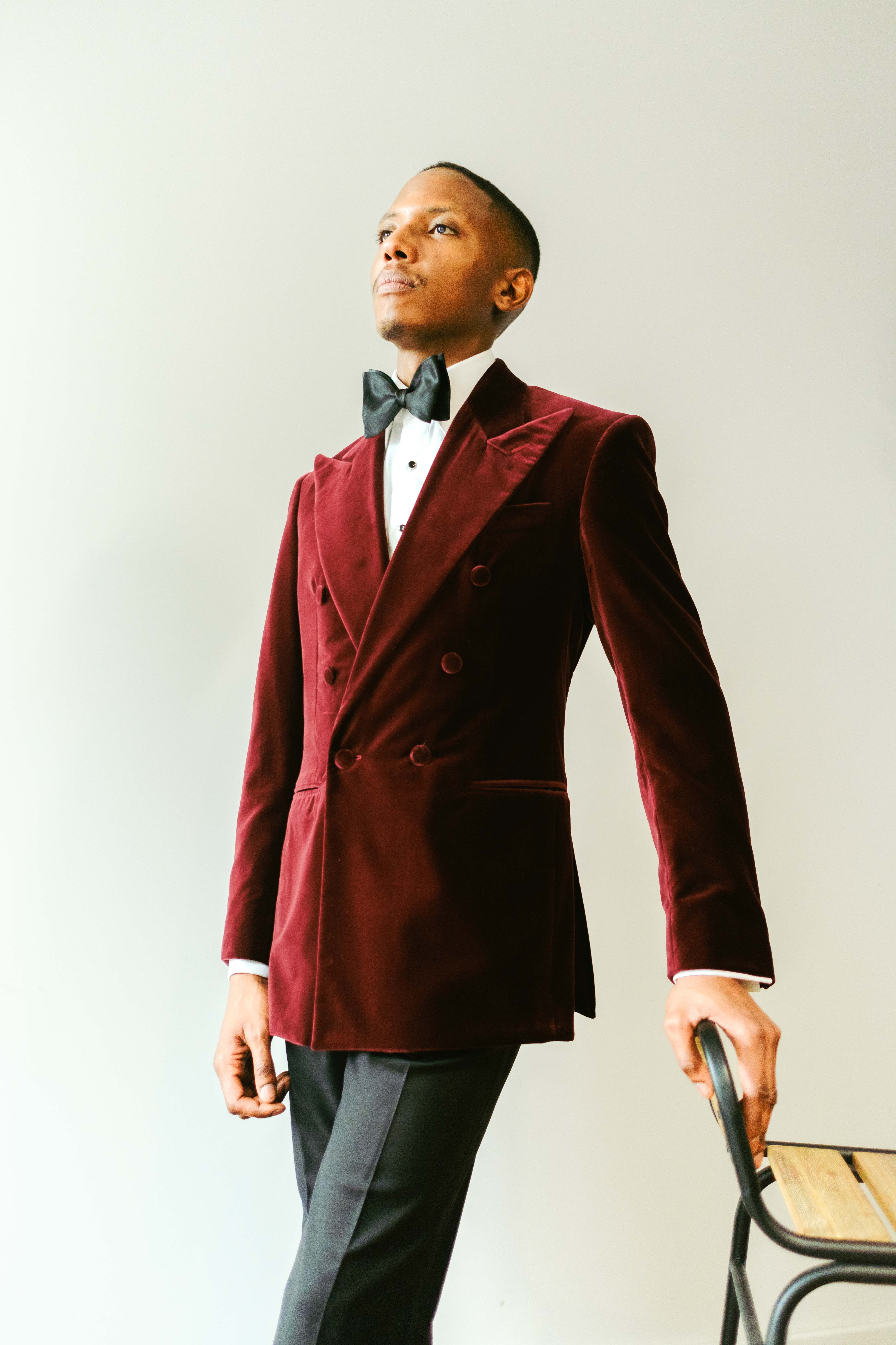 Burgundy Dinner Jacket, Black Barathea Trousers, White Dinner Shirt