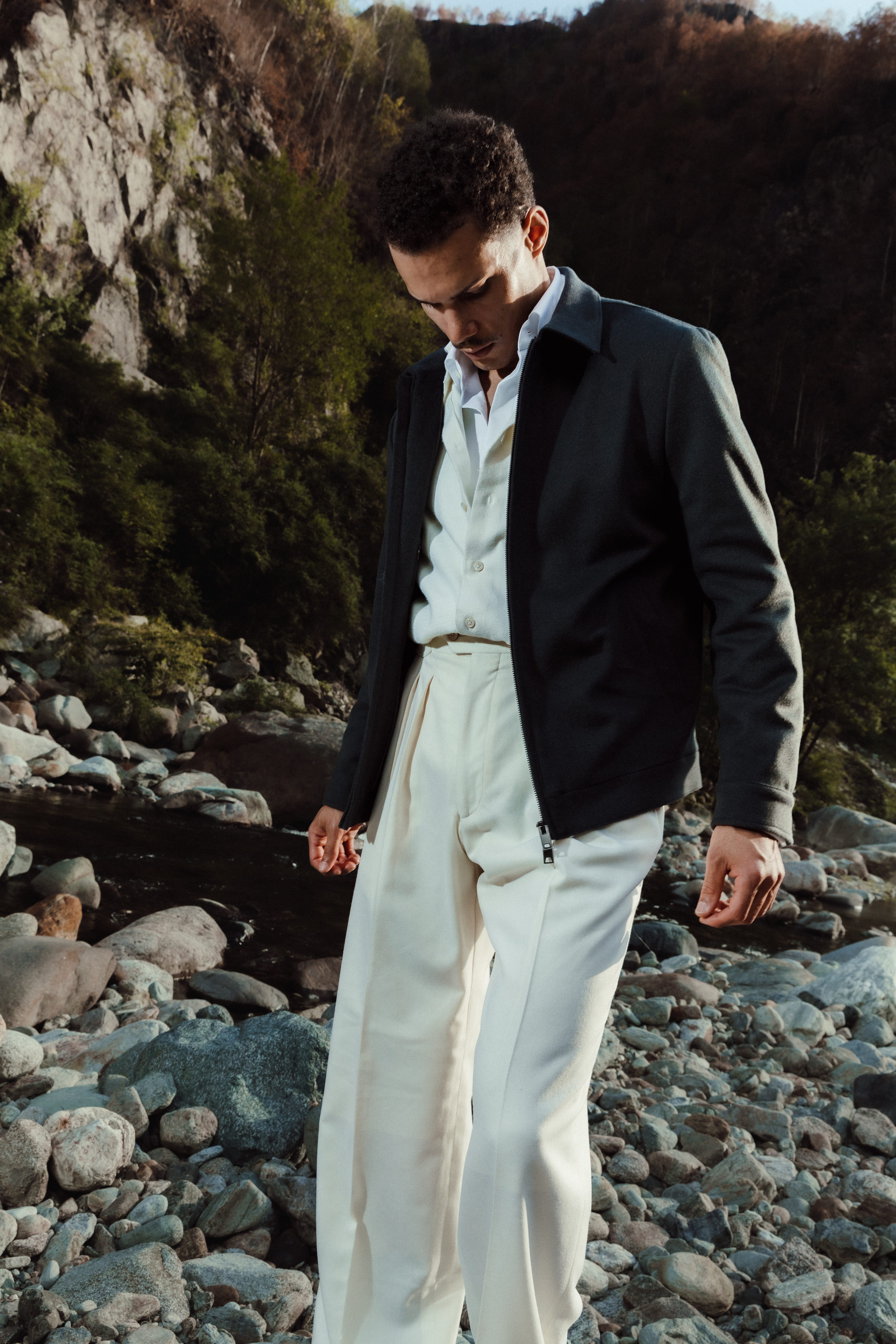 Charcoal Camel Hair Blouson, Cream Flannel Shirt & Cream Trousers