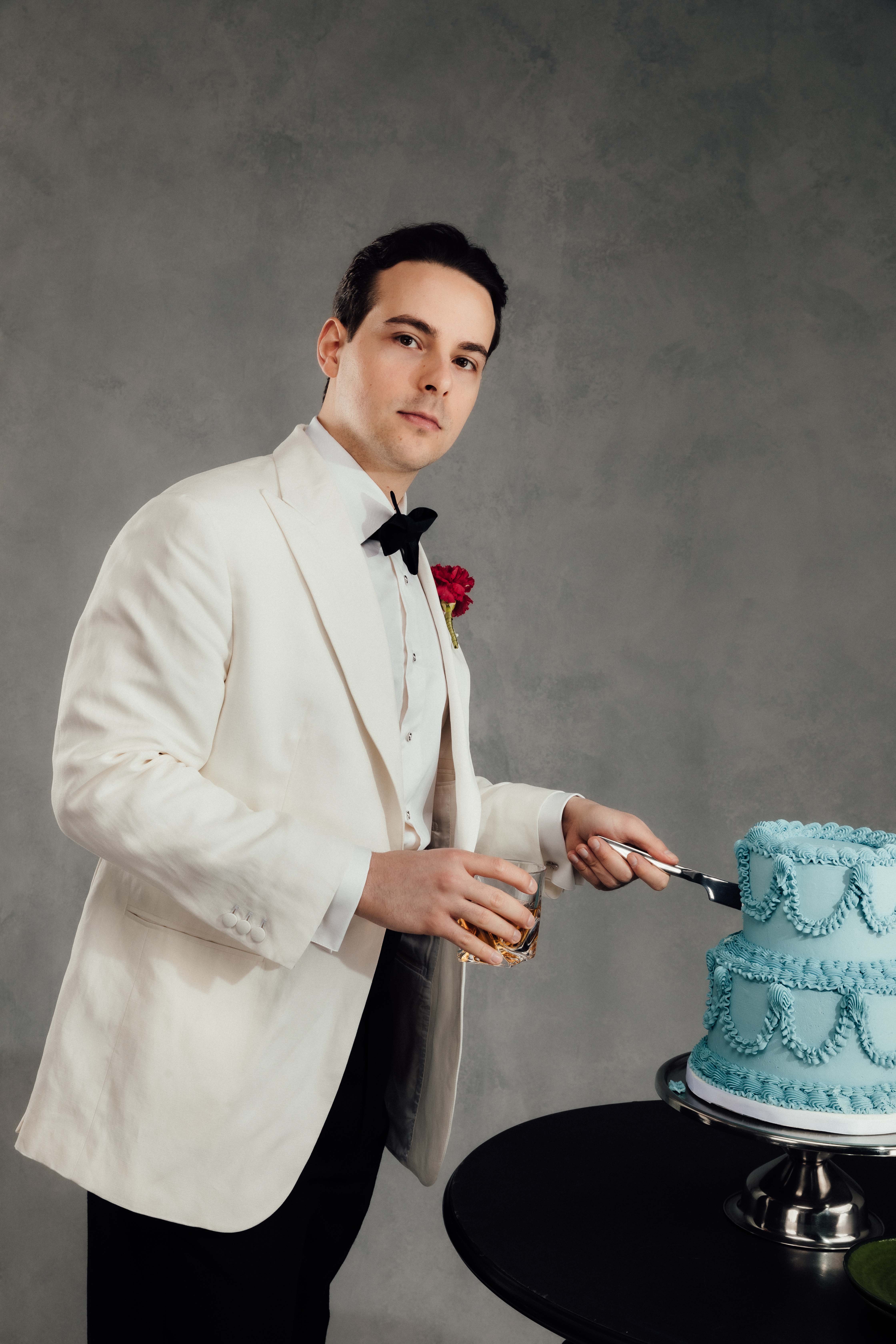 Bone Silk/Linen Dinner Jacket with Black Trousers & Off White Shirt