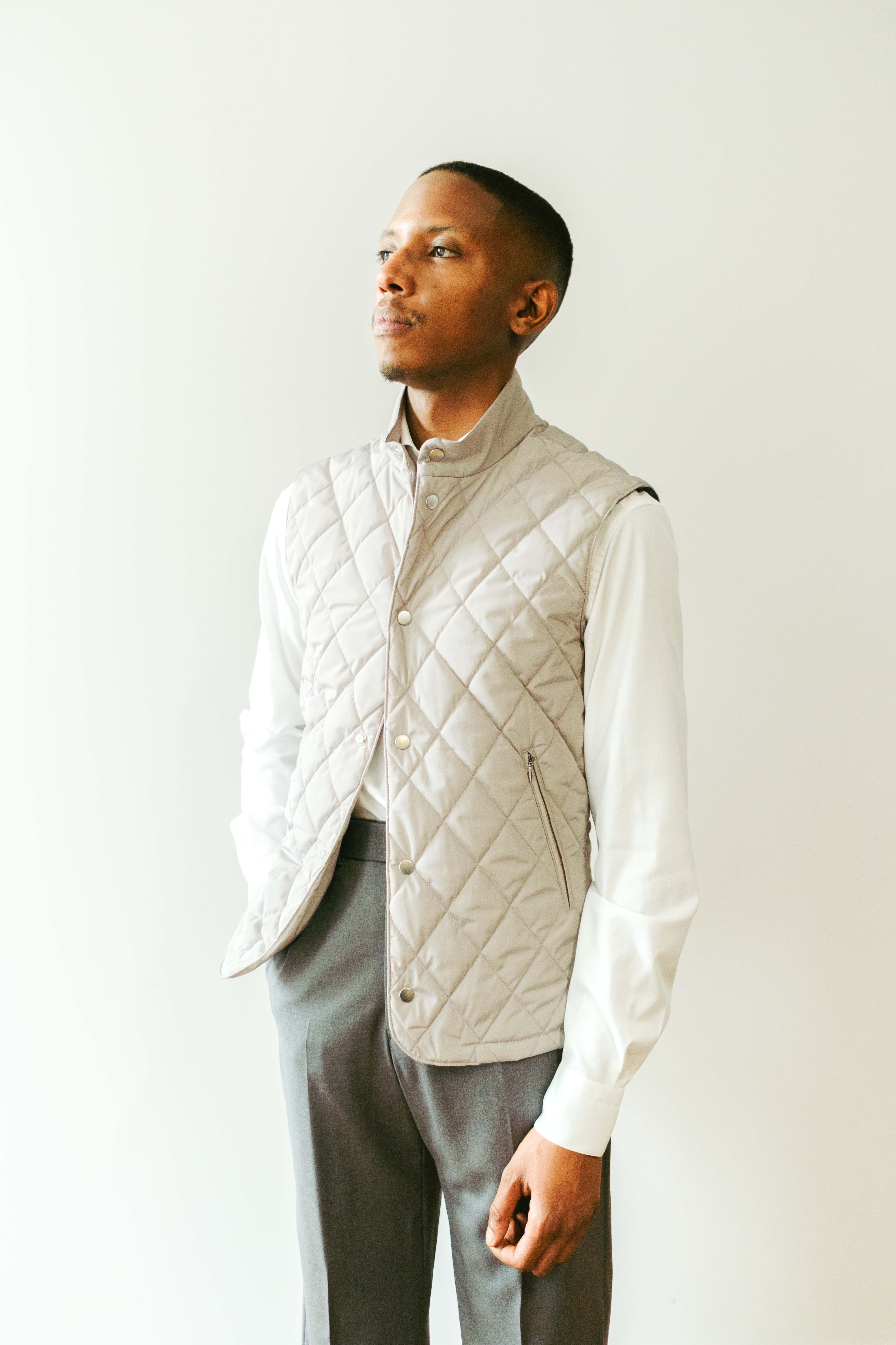 Gilet, White Twill Shirt & Grey Flannel Trousers