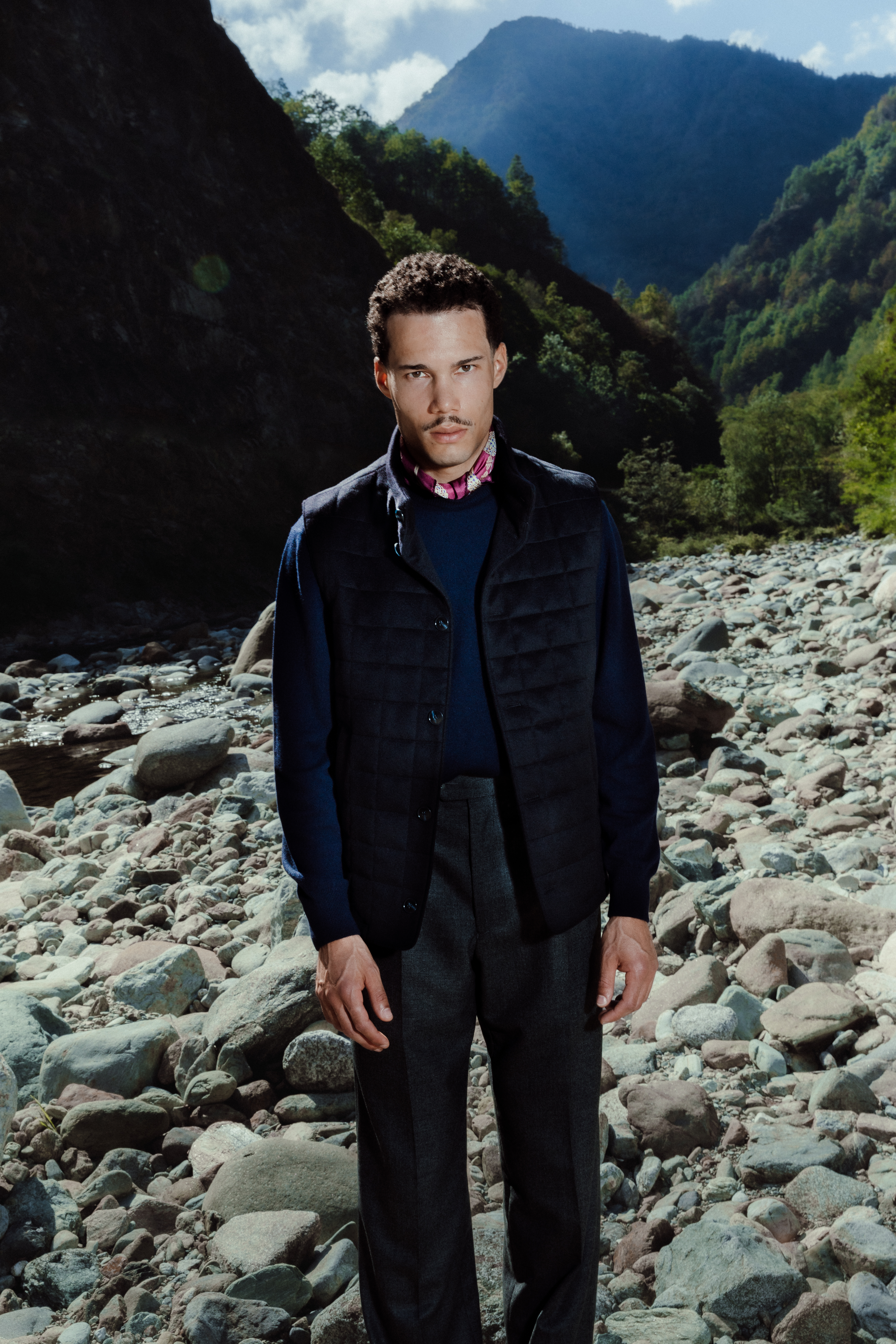 Navy Cashmere Gilet & Charcoal Nailhead Flannel Trousers