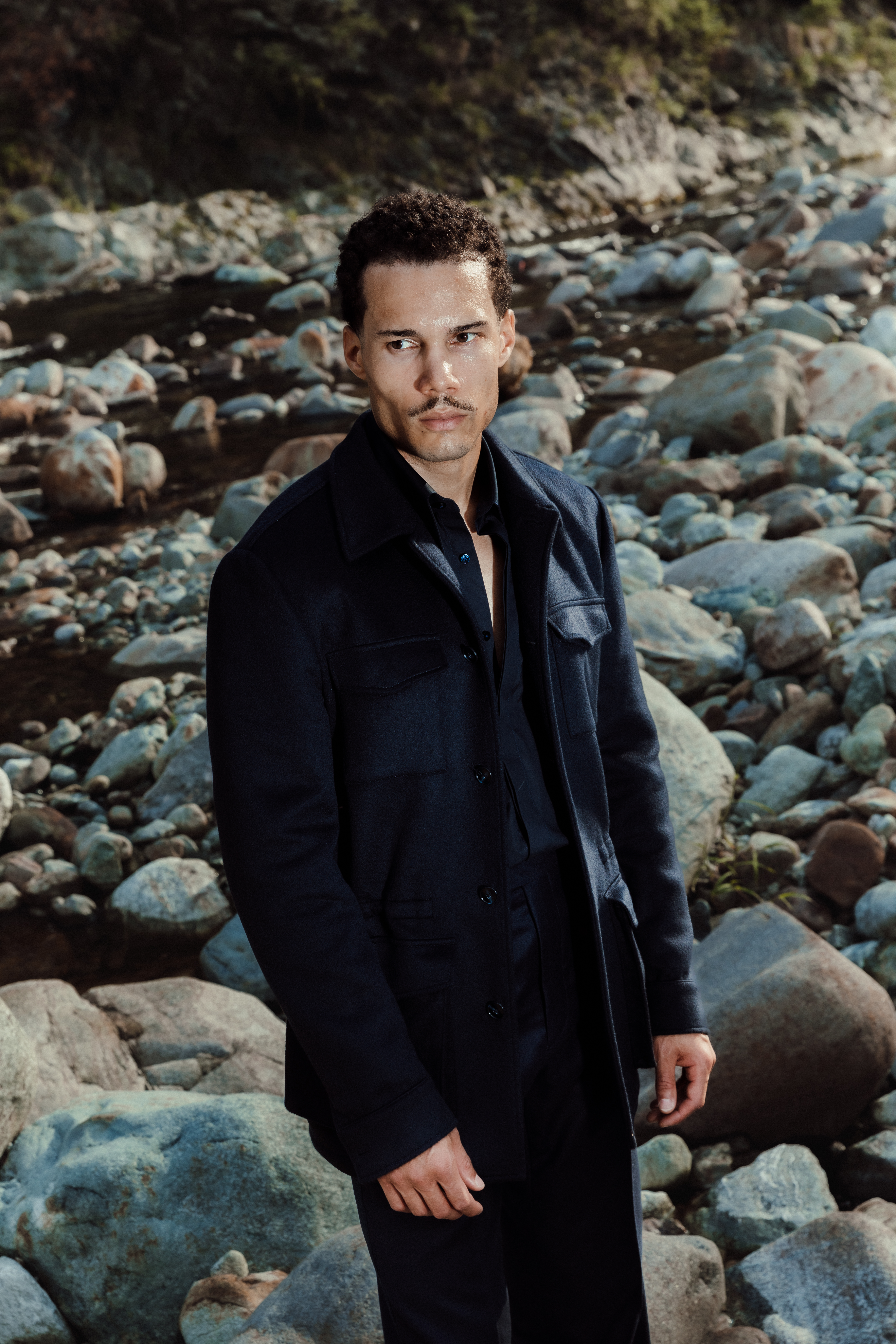 Navy Cashmere Safari Jacket, Navy Shirt & Navy Flannel Trousers