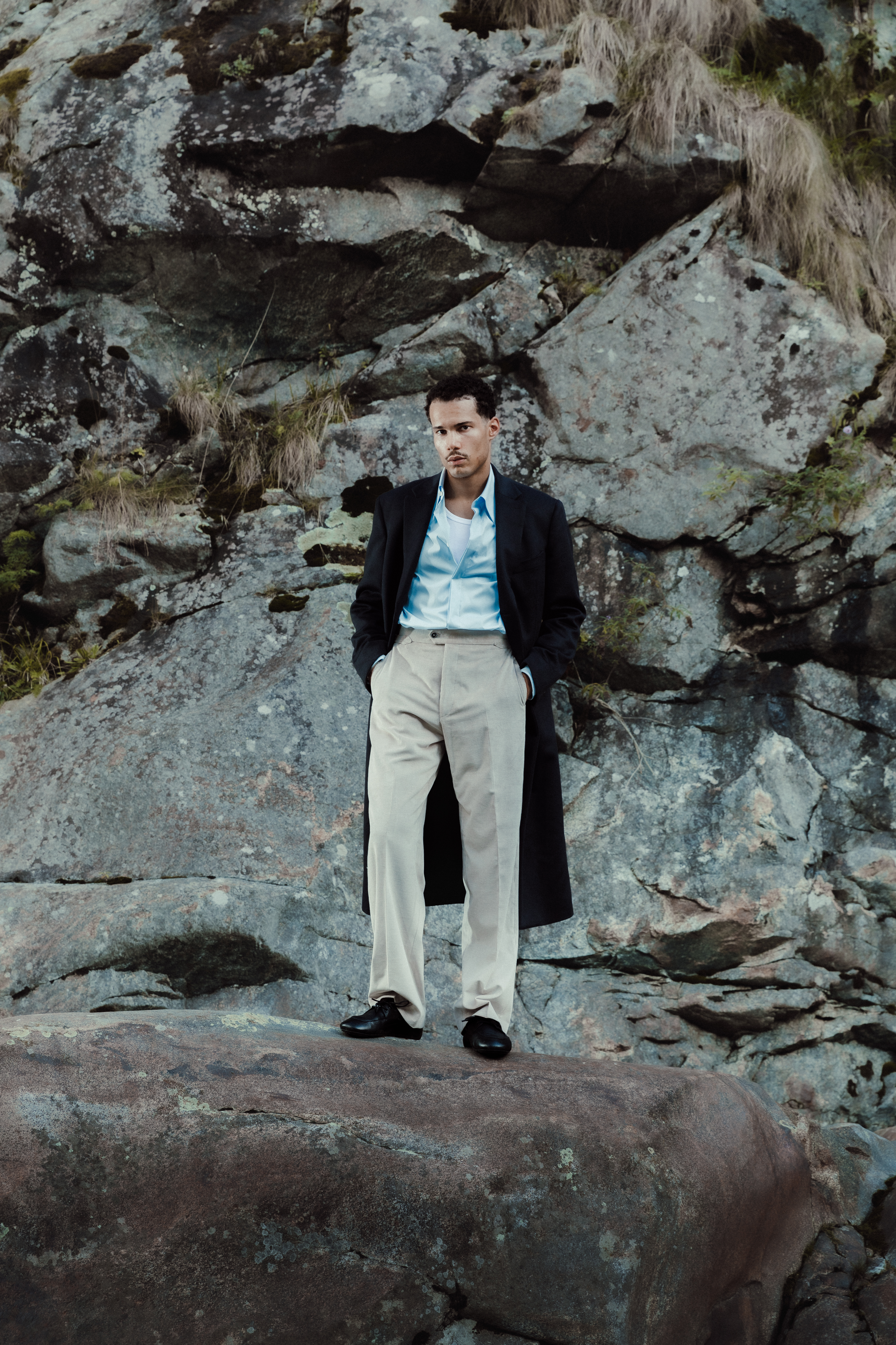 Navy Cashmere Overcoat, Blue Pinpoint Shirt & Off-White Corduroy Trousers