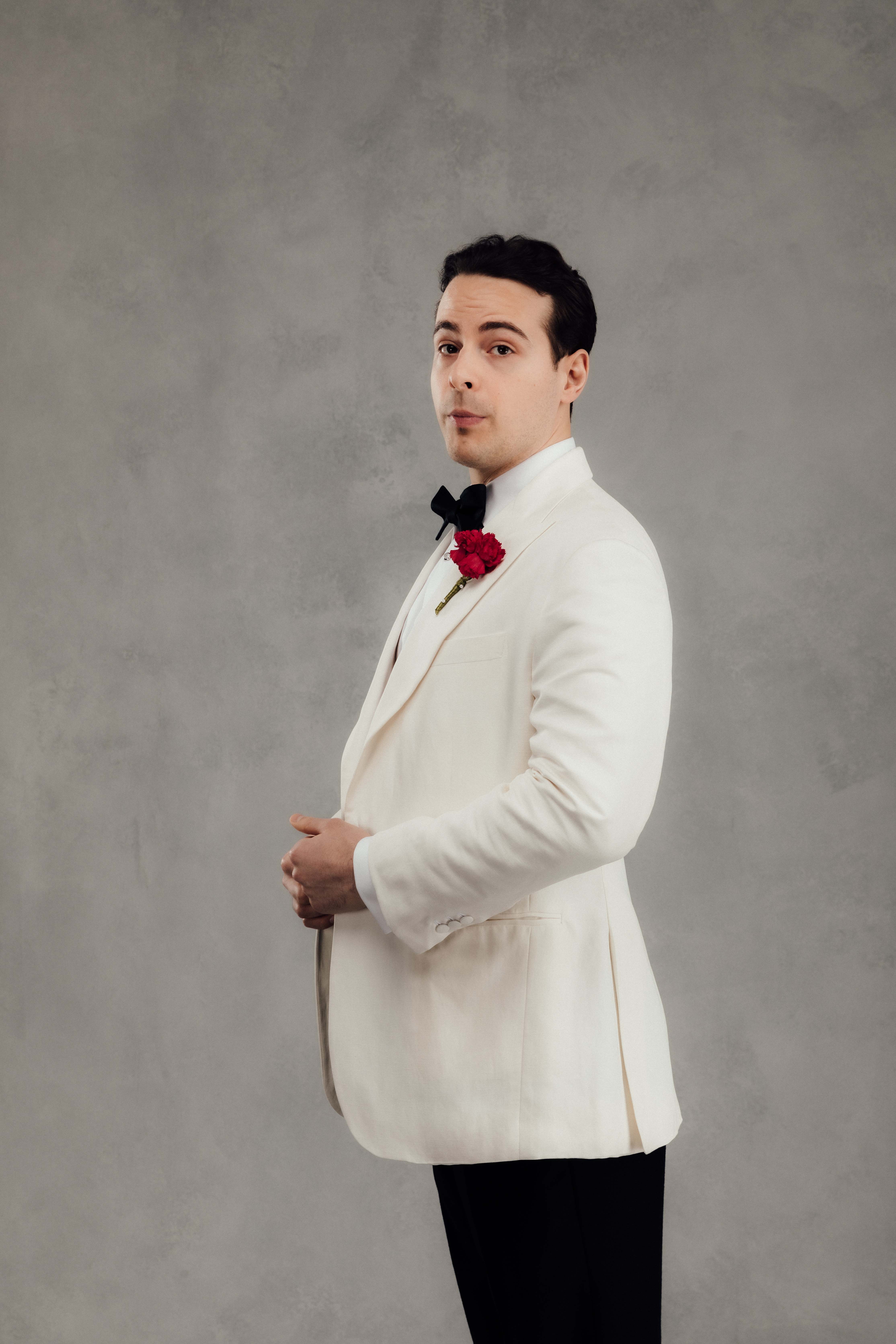 Bone Silk/Linen Dinner Jacket with Black Trousers & Off White Shirt